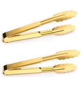 2-Pack 9 Inch Gold Serving Tongs Barbecue Food Tongs Buffet Tongs Non-slip &amp; Easy Grip Stainless ...