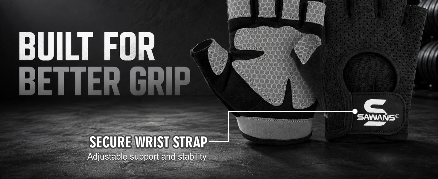 Text reads "BUILT FOR BETTER GRIP" and "SECURE WRIST STRAP". Black and white product image showing grip texture patterns and wrist strap attachment details for improved handling.