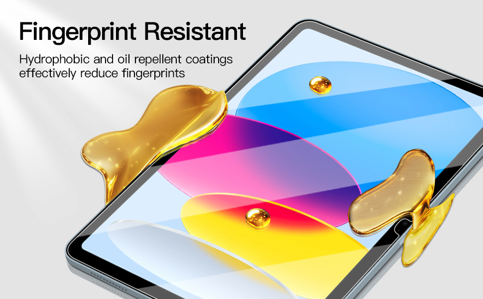 Tablet device with colorful gradient screen. Yellow liquid droplets demonstrating fingerprint-resistant coating. Text reads 'Fingerprint Resistant'.