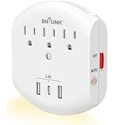 BN-LINK 3-Outlet Extender, Multi Plug Outlets with 3 USB Ports (3.4A Total), Dusk-to-Dawn Sensor ...