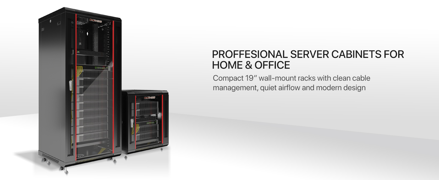 Tall floor-standing server rack and compact wall-mount server cabinet.