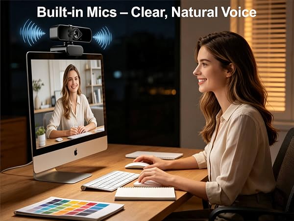 4K pc camera with microphones for clear, natural voice during video calls, streaming, gaming.