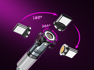 Technical diagram showing 360-degree rotation capability of a device, indicated by purple circular arrows and multiple position views.