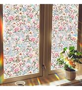 Meetcolor Pink Magnolia Window Privacy Film Rainbow Film Decorative, 3D Static Stained Glass Wind...