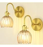 Phaosio Vintage Tulip Amber Glass Shade Hardwired Wall Sconce – 2 Pack Brass Mid Century Light Fi...