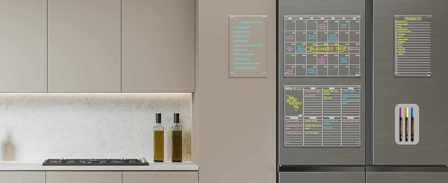 JJPRO Clear Dry Erase Monthly Calendar 4PCS Set for Fridge. Reusable Undated Transparent Calendar