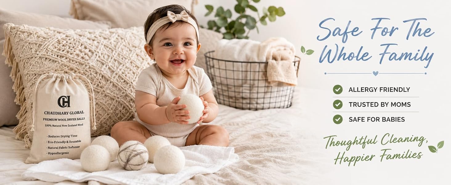 wool dryer balls for baby laundry with safe and non-toxic natural fabric softener benefits.