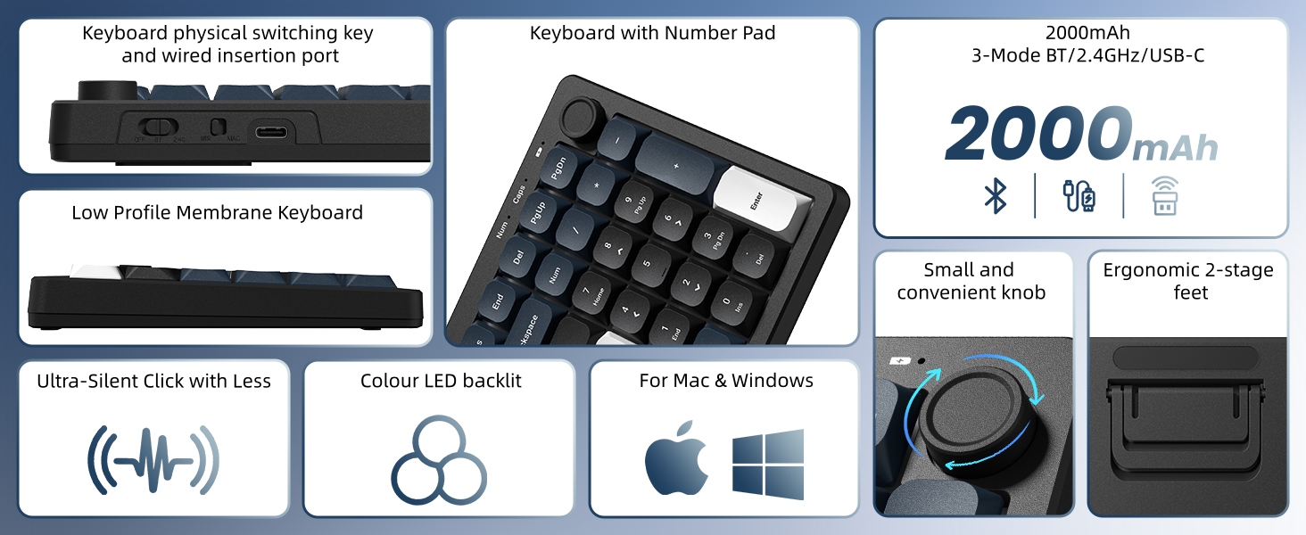 Wireless Low Profile Keyboard Membrane Quiet Keyboard with Number Pad