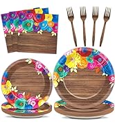 96Pcs Fiesta Party Plates and Napkins for Mexican Party Supplies Wooden Floral Themed Paper Desse...