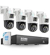 ZOSI 4K Dual-Lens PoE Security Camera System, 4 x 4K 8MP Pan/Tilt (2x4MP) PoE 360 Camera Outdoor,...
