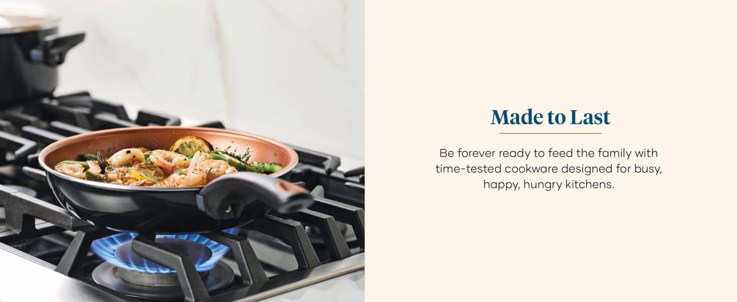 Farberware Glide skillet on gas stoetop with shrimp and asparagus