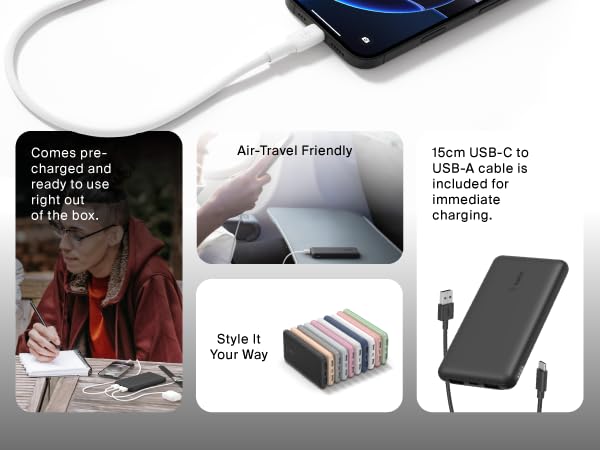  Image of power bank used in multiple places with text reading air travel friendly.