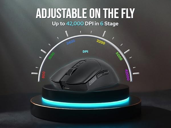 Computer mouse on illuminated base with circular DPI adjustment meter. Text indicates 'ADJUSTABLE ON THE FLY' and 'Up to 42,000 DPI in 6 Stages'.