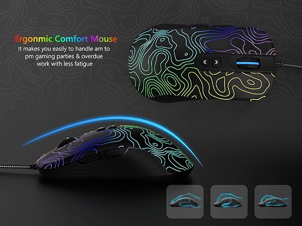 Wired Gaming Mouse,Black RGB Mouse,Computer Mouse Topographic