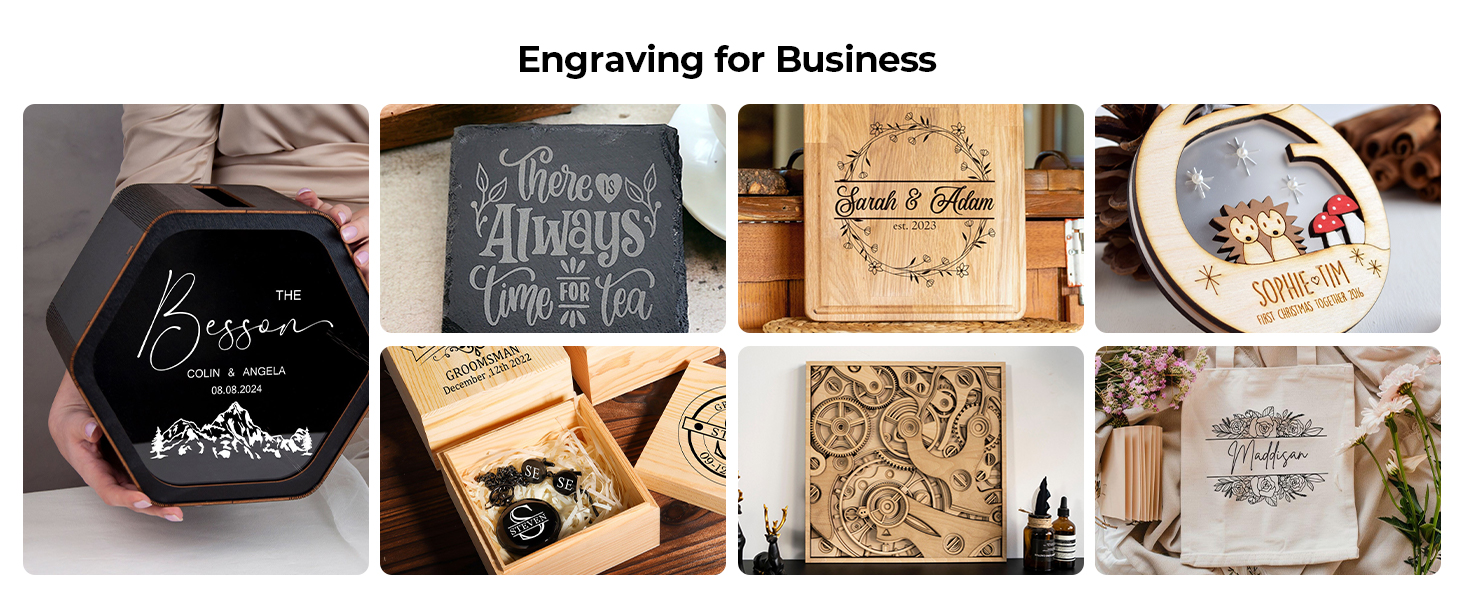 Text reads 'Engraving for Business'. Collage of wooden boxes and items with custom engraved designs, including decorative text and floral patterns. Shows various engraving styles on different wooden surfaces.