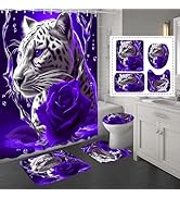 beifivcl 4PCS Purple Rose and Leopard Shower Curtain Bathroom Set with Rugs, Toilet Lid Cover and...