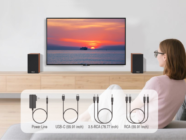 Accessories include: 3.5mm to RCA adapter, RCA to RCA adapter, USB-C audio cable