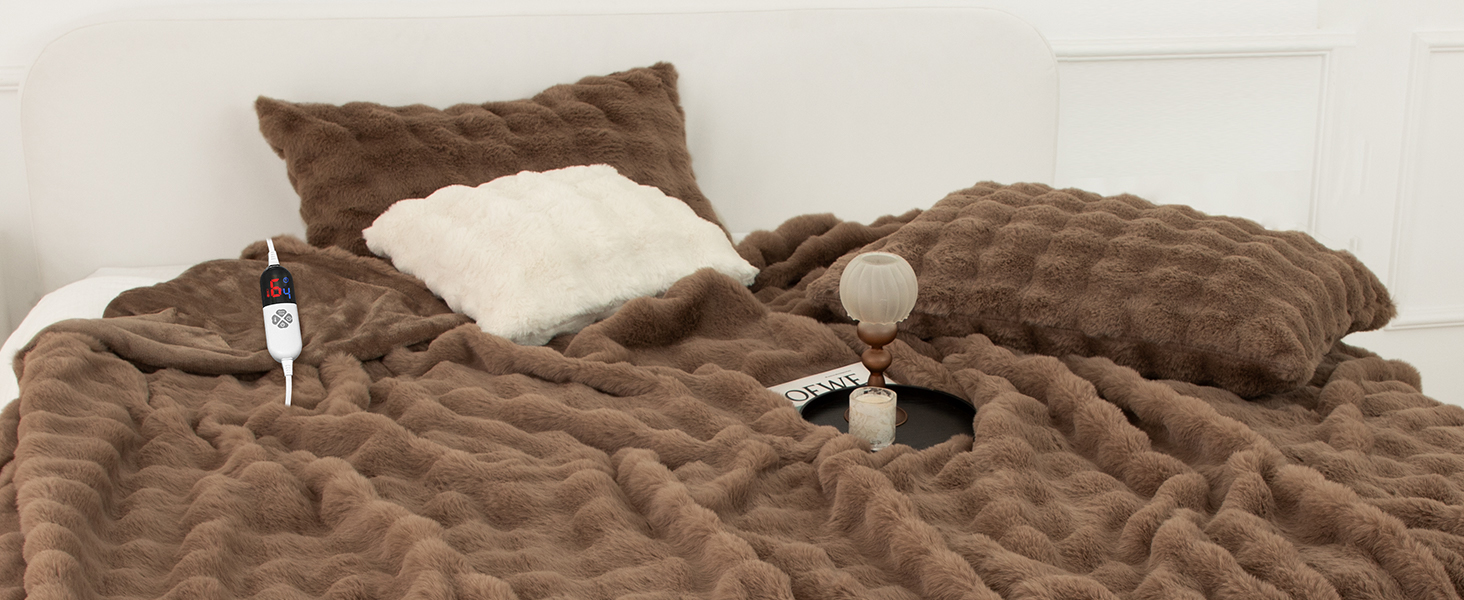 Faux Rabbit Fur Bubble Heated Blanket
