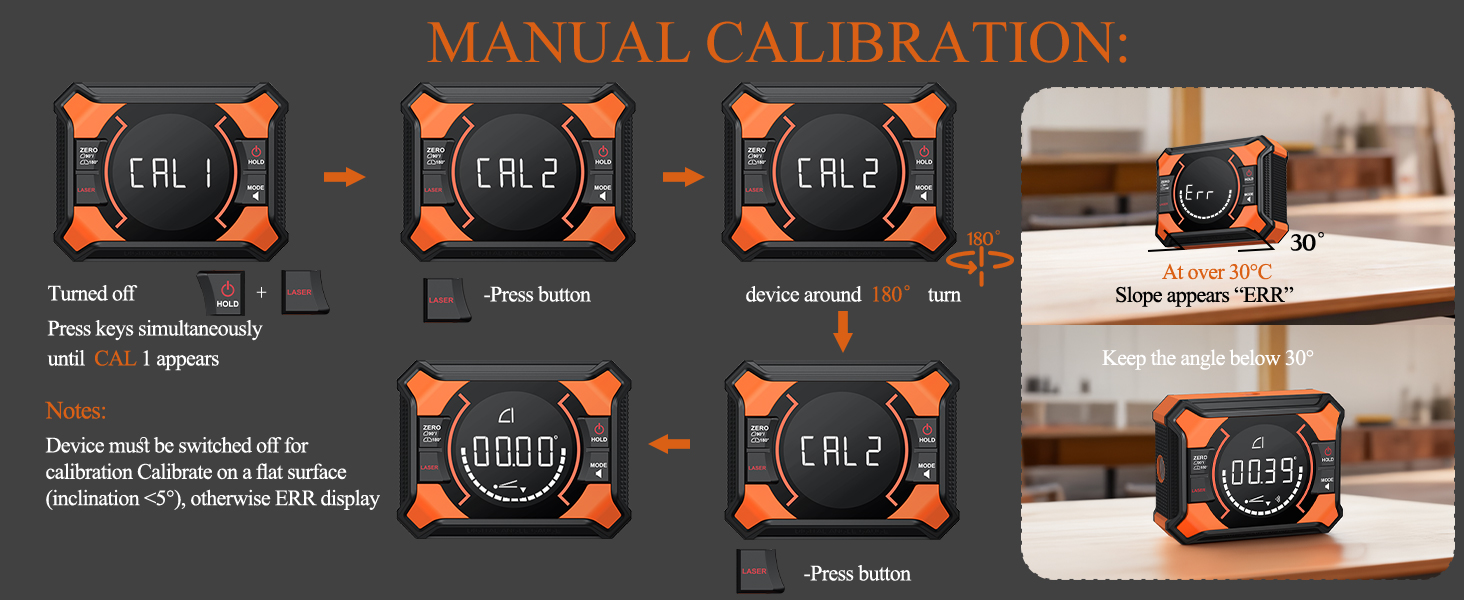 Text reads 'MANUAL CALIBRATION:'. Series of technical diagrams or screenshots showing circular icons with orange highlights and step-by-step instructions.