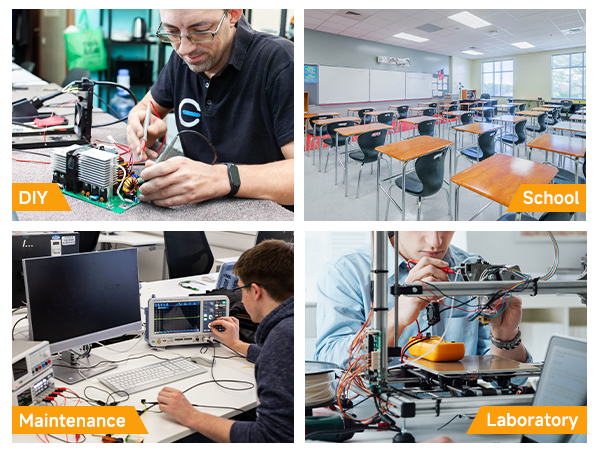 Four-panel image showing different technical work environments: DIY electronics workspace, classroom setting, maintenance station, and laboratory testing area.