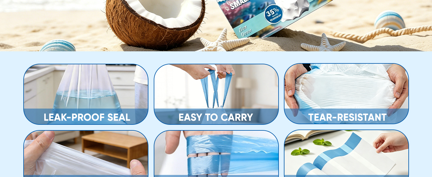 LEAK-PROOF SEAL; EASY TO CARRY; TEAR-RESISTANT; EXTRA DURABLE; HOLDS SHAPE WELL; NO TEARING REQUIRED