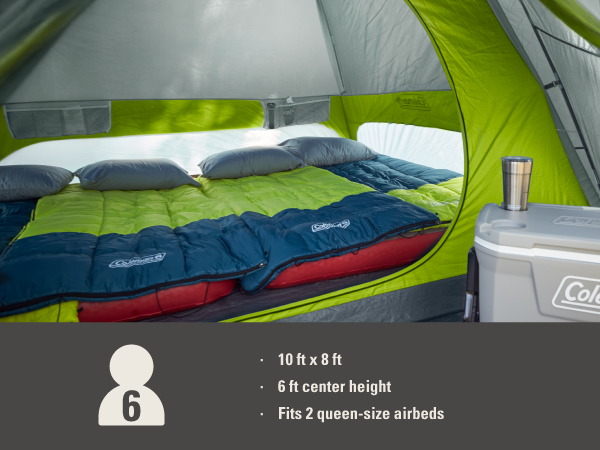coleman skydome tent six person people camping fit room height size airbed queen sleep two beds kids