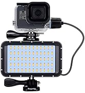 Action camera in waterproof case mounted on LED light panel. Camera displays time 00:07. Light panel features 60 yellow LED lights. Both devices attached to mounting brackets.