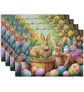 Wnoesat Easter Rabbits Eggs Placemats Set of 4 Easter Bunny Tulip Flowers Table Place Mats Season...
