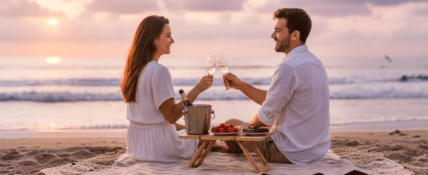 beach portable wine table, beach picnic table, seaside picnic, outdoor wine by ocean, picnic setup