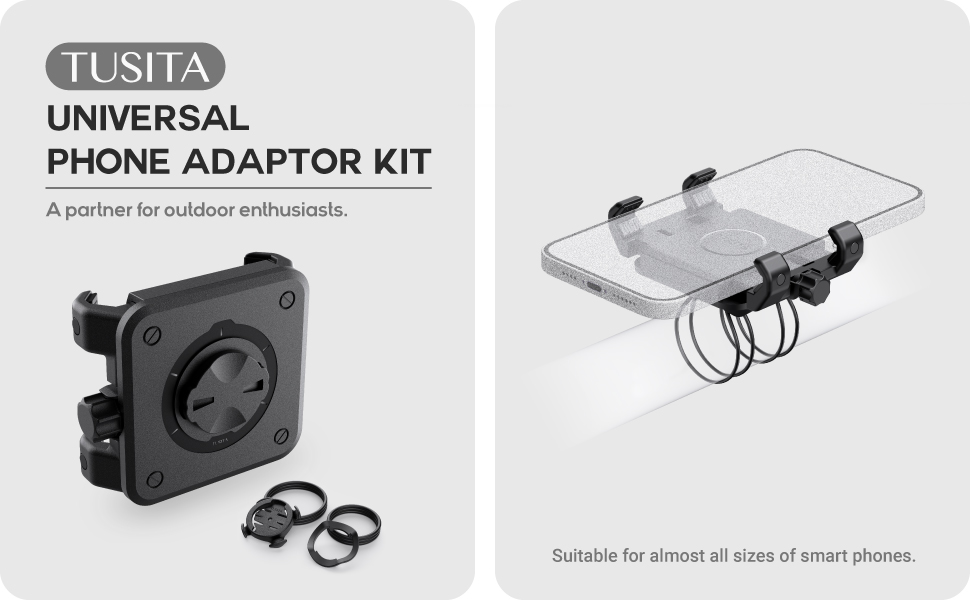 Tusita Universal Phone Adaptor Kit showing black mounting bracket with adjustable grip mechanism for securing mobile devices