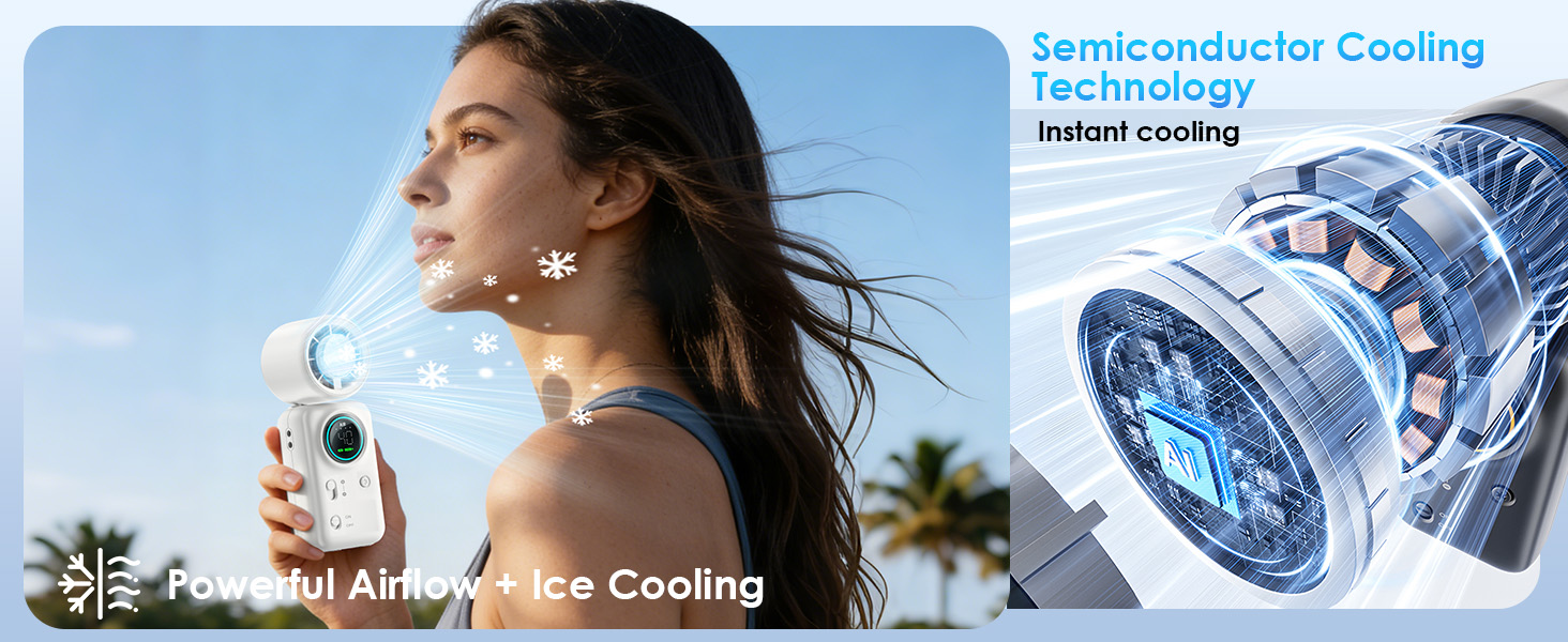 turbo motor and semiconductor cooling, the handheld fan delivers instant cold air while blowing