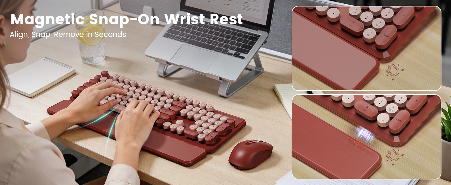 wireless keyboard with magnetic snap on wrist rest shown attaching and removing in seconds