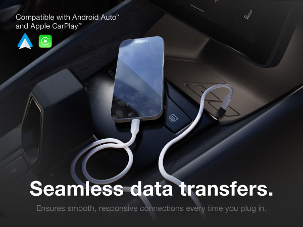 Type C charging cable with 480Mbps data speed for syncing files, Apple CarPlay, and Android Auto