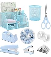 SKYDUE Blue Office Supplies Set, Office Desk Accessories, Mesh Desk Organizer, Stapler, Tape Disp...