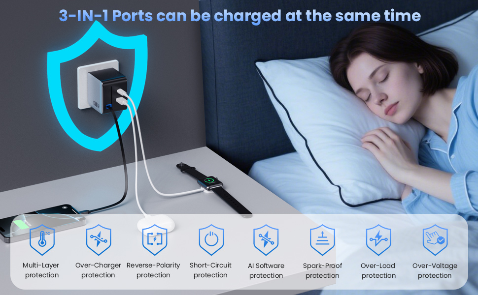 USB C Charger Block Built-in Retractable Cable,GaN Foldable Plug Wall Charger Fast Charging Station
