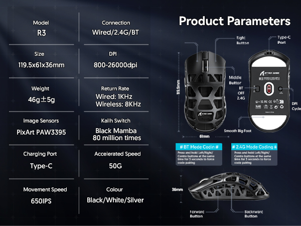 Lightweight Hollowed-Out Design Wireless Gaming Mouse, Magnesium Alloy MMO Gaming Mice