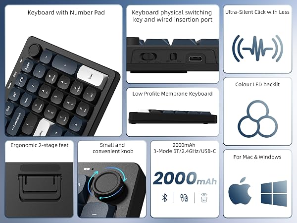 Wireless Low Profile Keyboard Membrane Quiet Keyboard with Number Pad