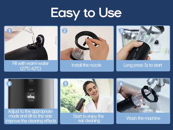 Six-panel instruction guide for using a black handheld device. Steps include filling with water, pressing buttons, and spraying plants.