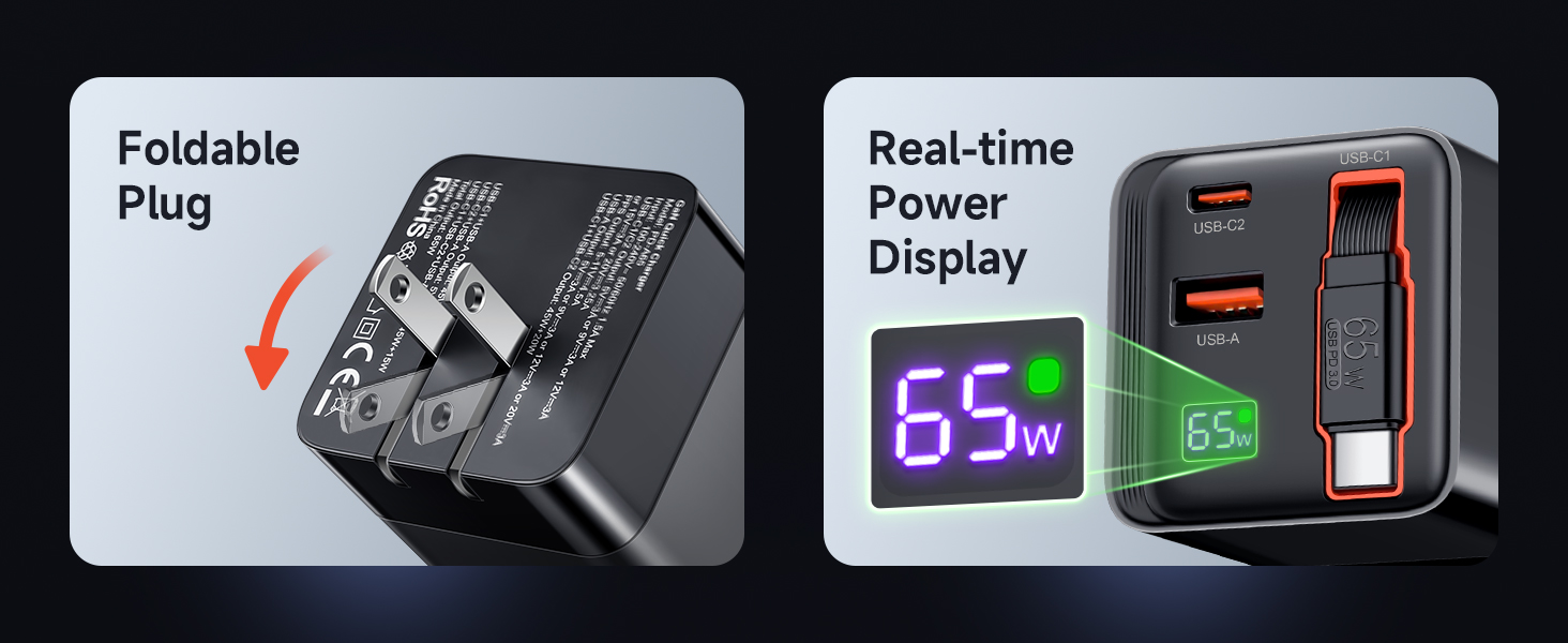 Foldable retractable charger with display