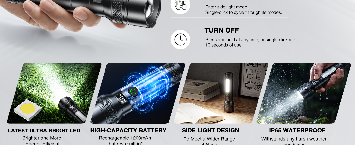 Hands holding car part with technical icons and specifications displayed below showing battery, light engine, and microphone product features with text labels.