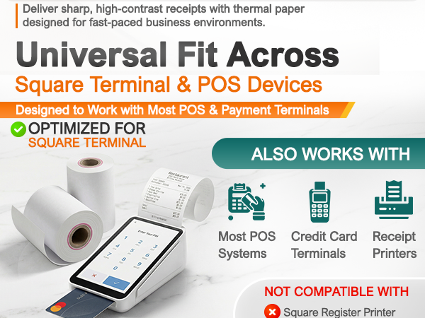 Square POS receipt paper rolls 2.25 x 55 feet for credit card machine printer