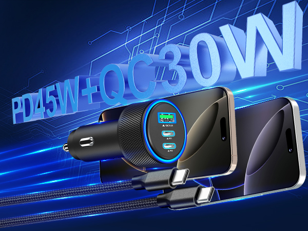 MFi Certified 3-Port 67W USB-C + USB-A Power Cigarette Lighter iPhone 16 Car Charger Fast Charging
