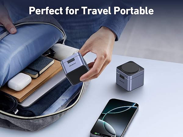 Text reads 'Perfect for Travel Portable'. Image shows hands packing electronic devices and accessories into a gray travel case.