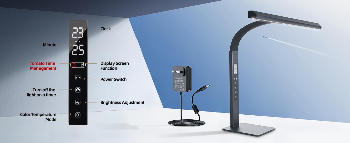 A work and study desk lamp with a clock display