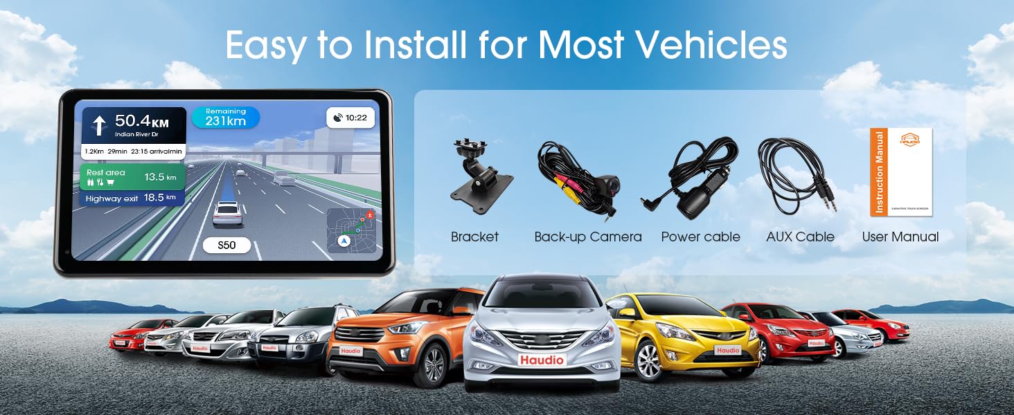 GPS device with 10:54am display showing highway navigation. Includes installation accessories and text 