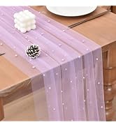 Joanlody Pearl Table Runner 10ft Rustic Boho Tulle Runner with Pearls for Baby Shower Wedding Par...