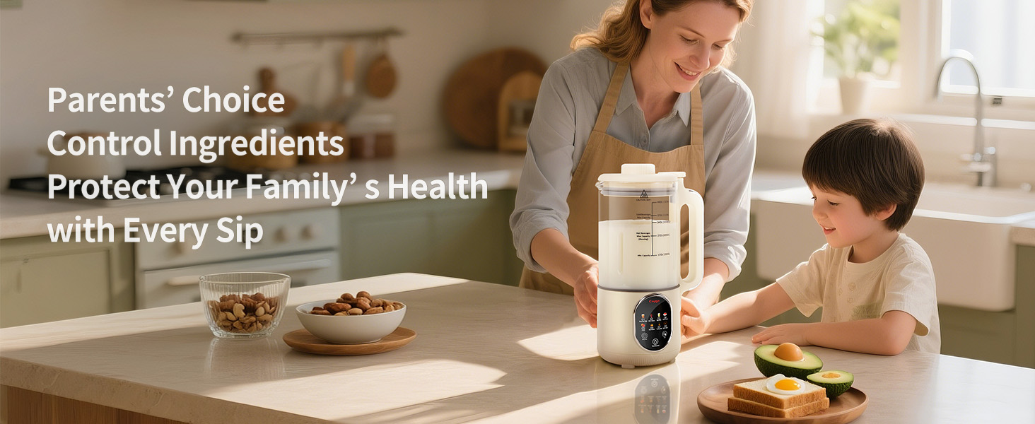 A mother and child make breakfast together with a nut milk maker in a cozy kitchen