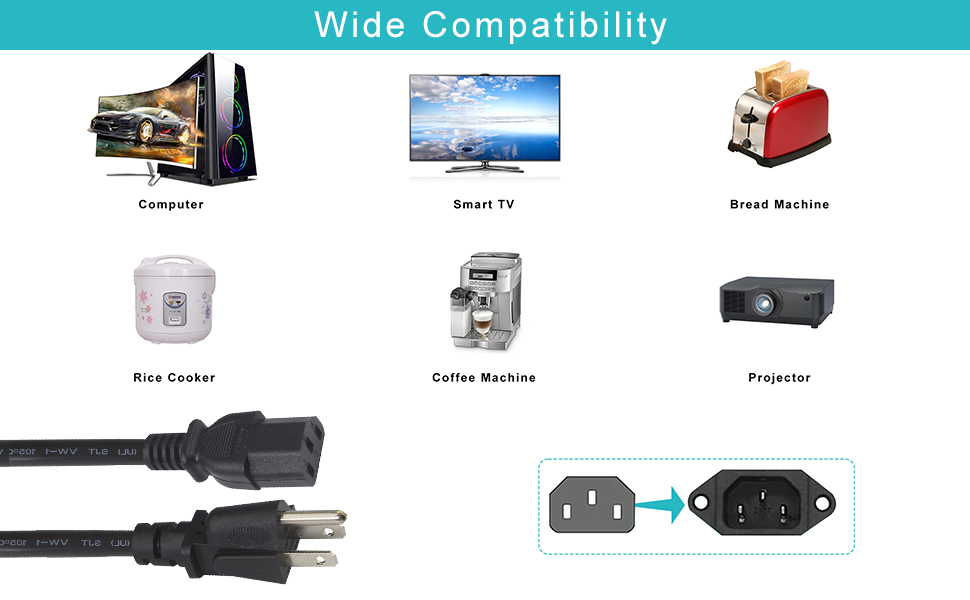 12FT Computer Monitor Replacement Power Cord -Black Long Standard PC Replace AC 3 Prong Cord