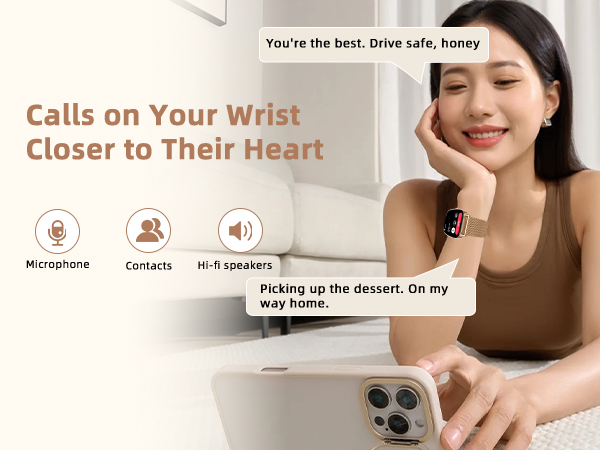 Text reads 'Calls on Your Wrist, Closer to Their Heart'. Smartwatch interface showing calling features with microphone and contact icons visible.