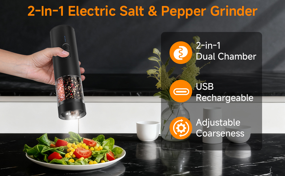 Text reads '2-in-1 Electric Salt &amp; Pepper Grinder', '2-in-1 Dual Chamber', 'USB Rechargeable', 'Adjustable Coarseness'. Product demonstration showing electric grinder in use.
